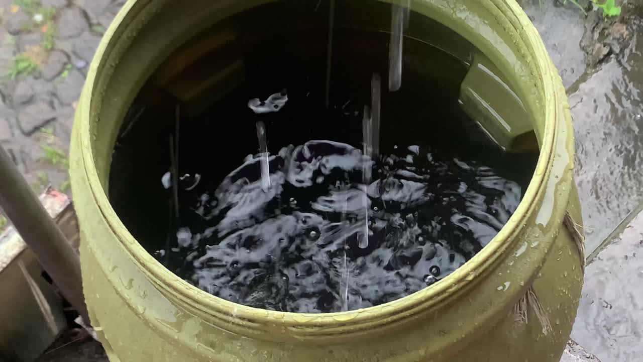 빗물은 청소 목적으로 재사용하기 위해 이 플라스틱 통에 모입니다.