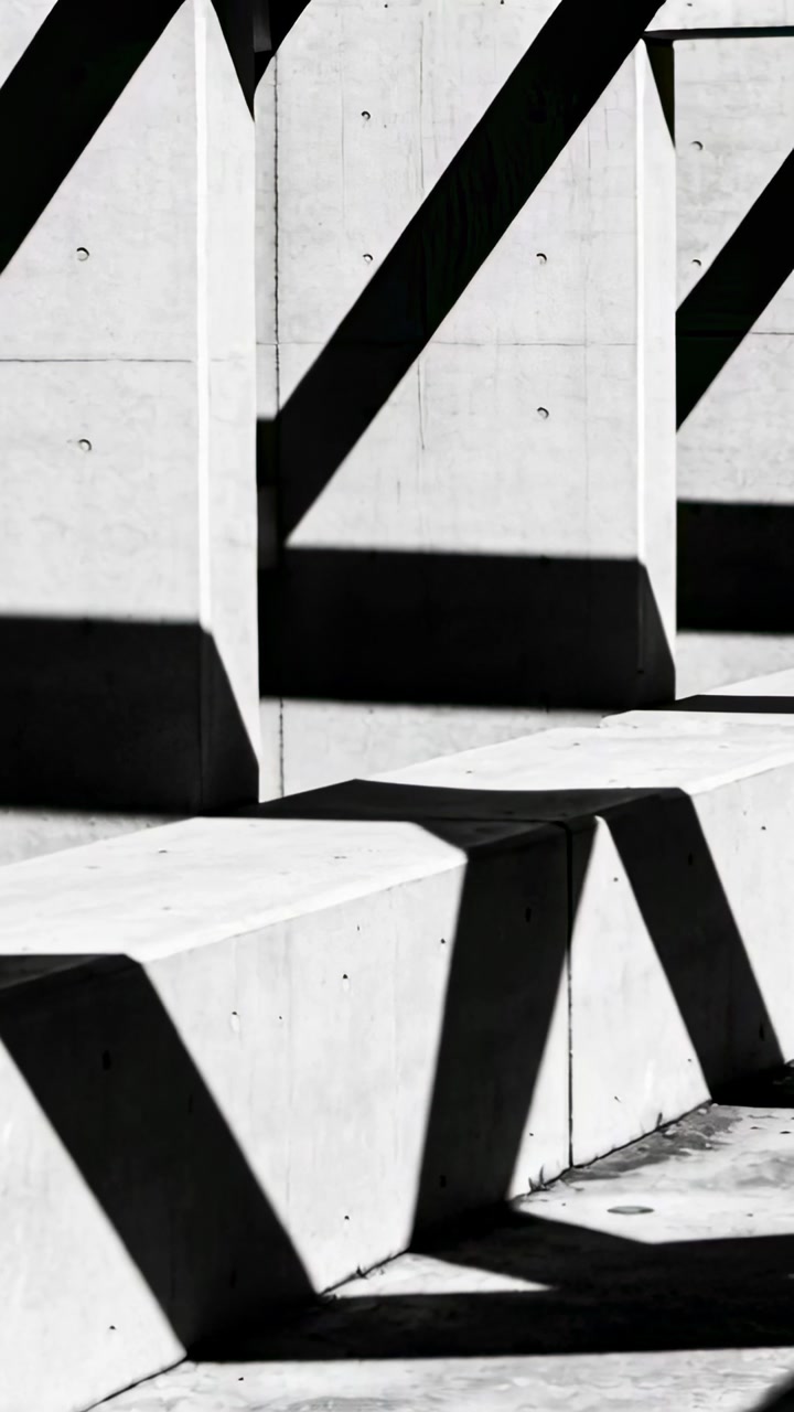 Vertical video: Showing cement steps, walls casting sun shadows in plaza, pan showing brief shadow