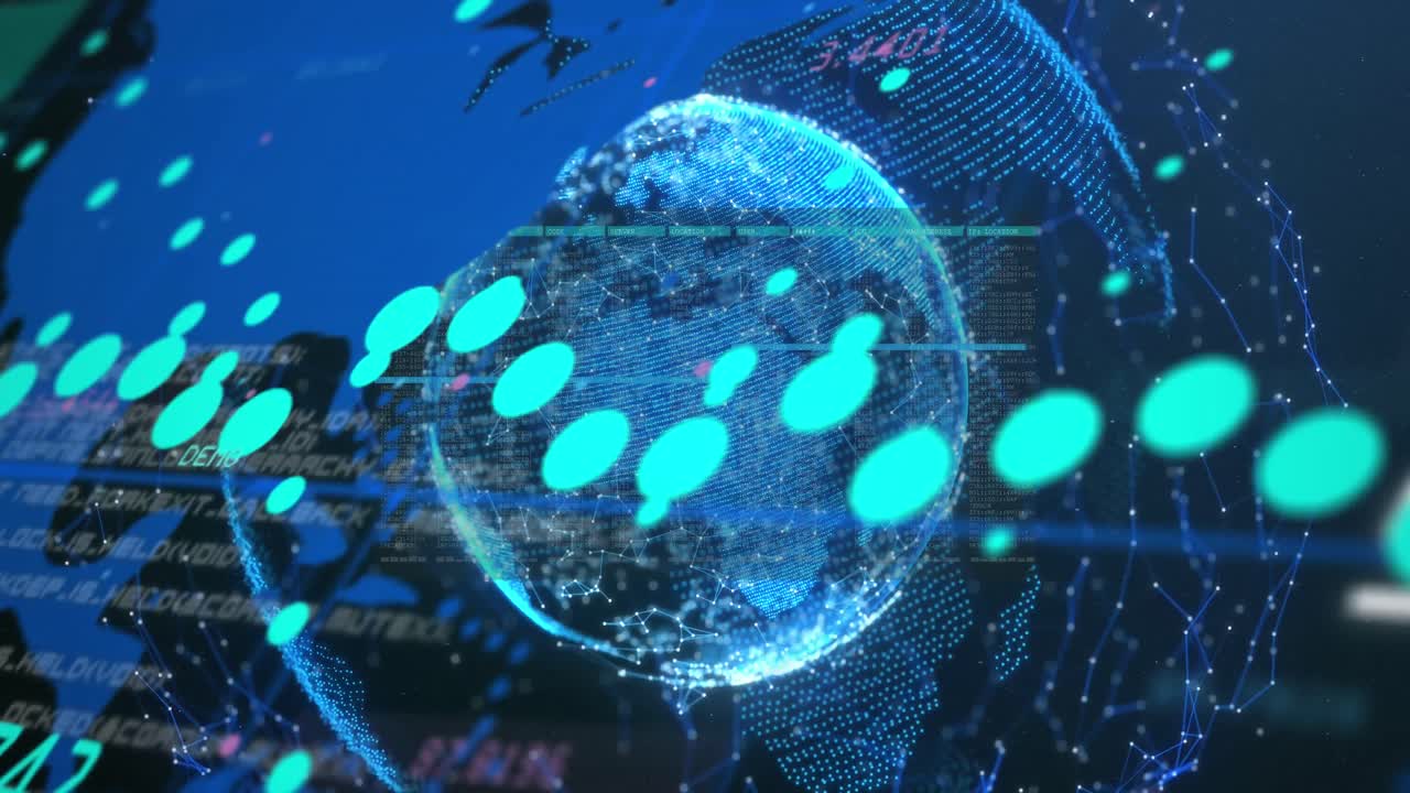 추상적인 배경에 대해 지구를 형성하는 점 위에 숫자를 가진 그래프의 애니메이션