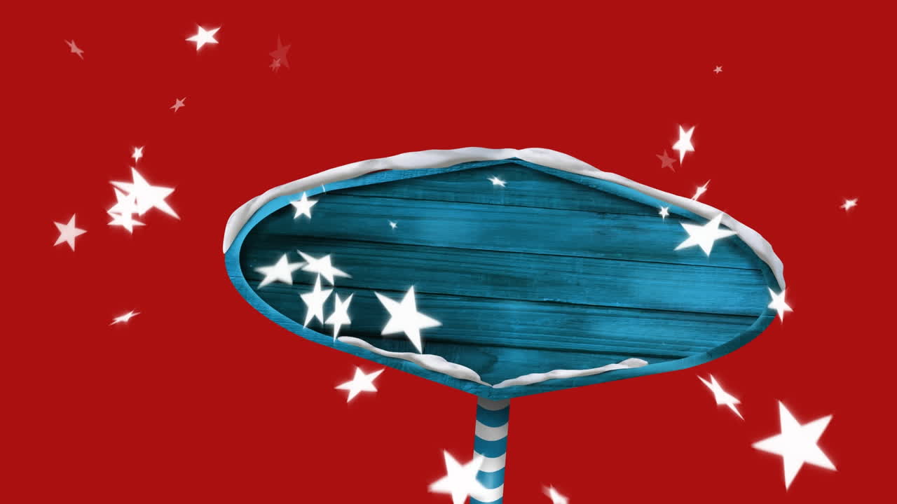 파란색 나무 표지판과 빨간색 배경에 떨어지는 별의 애니메이션