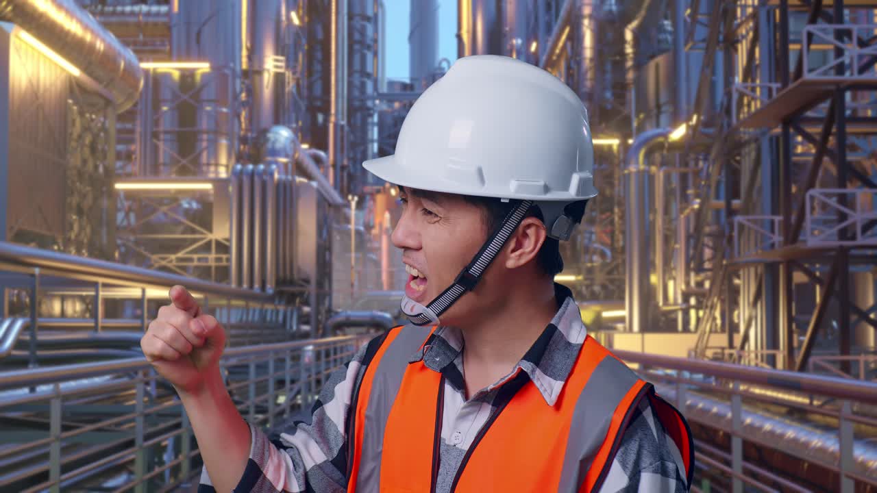 Close Up Side View Of Angry Asian Male Engineer With Safety Helmet Shouting At Someone While Standing At A Vast Oil Refinery