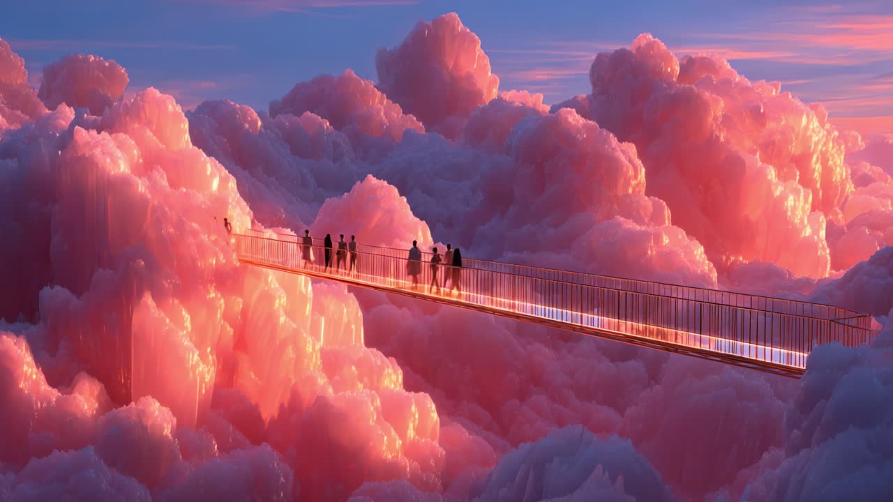 People Walking on a Bridge in the Clouds