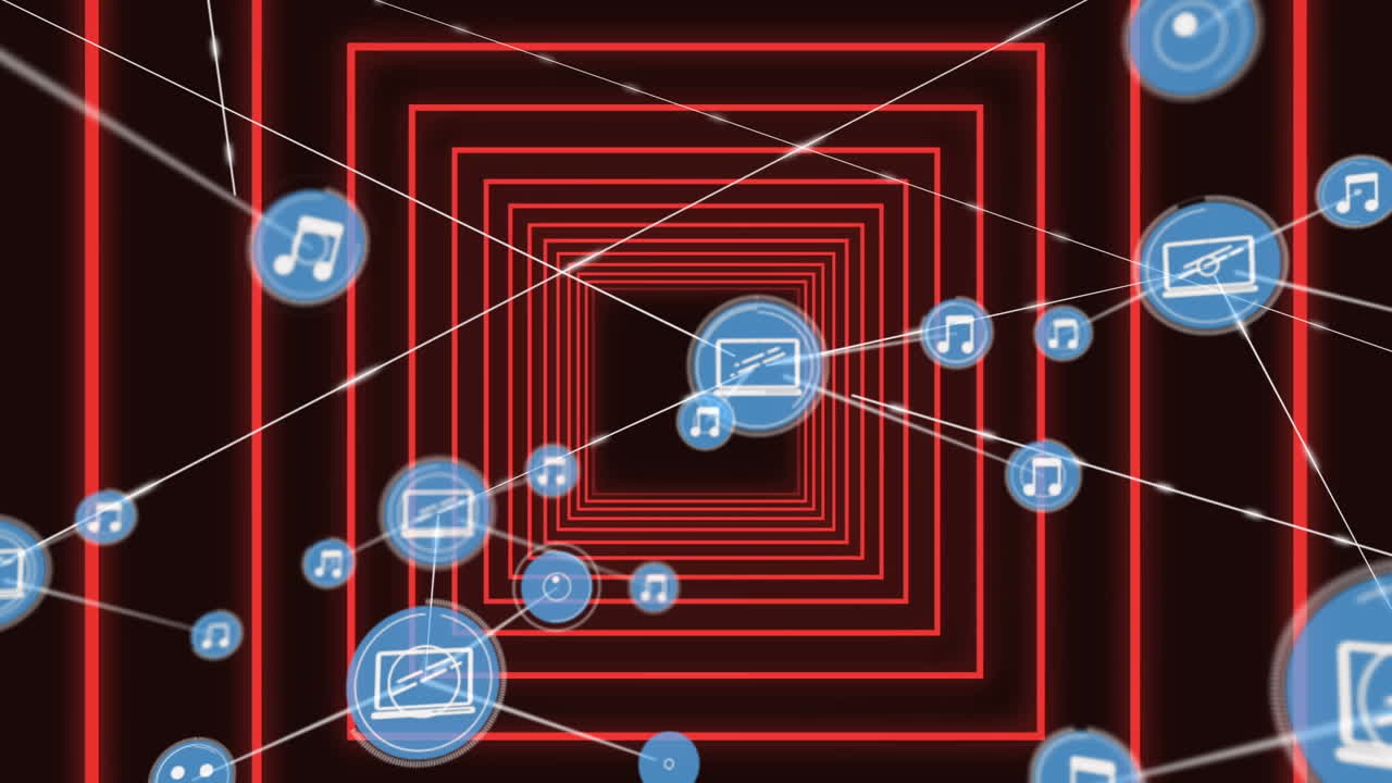 animación digital de una red de iconos digitales contra un túnel brillante de color rojo neón sobre un fondo negro