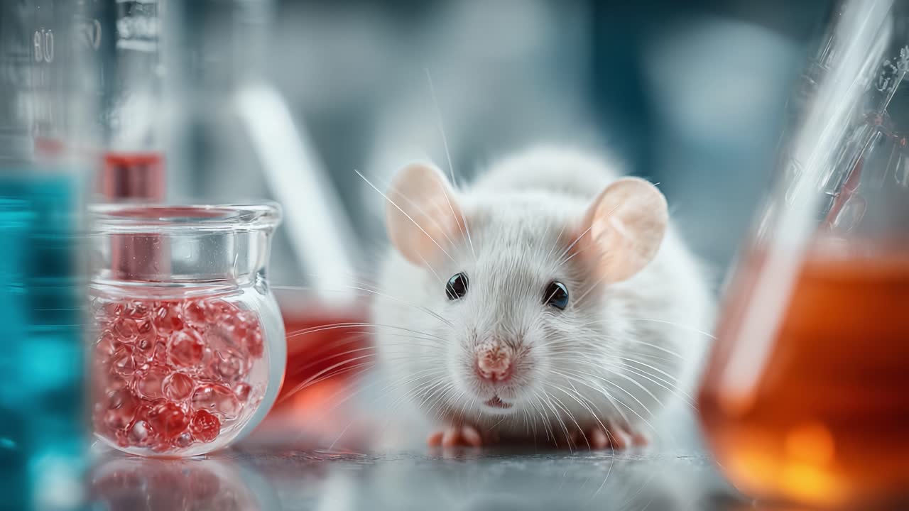 Scientific Exploration: A Close-Up View of a White Laboratory Mouse Surrounded by Colorful Chemical Solutions in Glassware, Showcasing Research and Experimentation