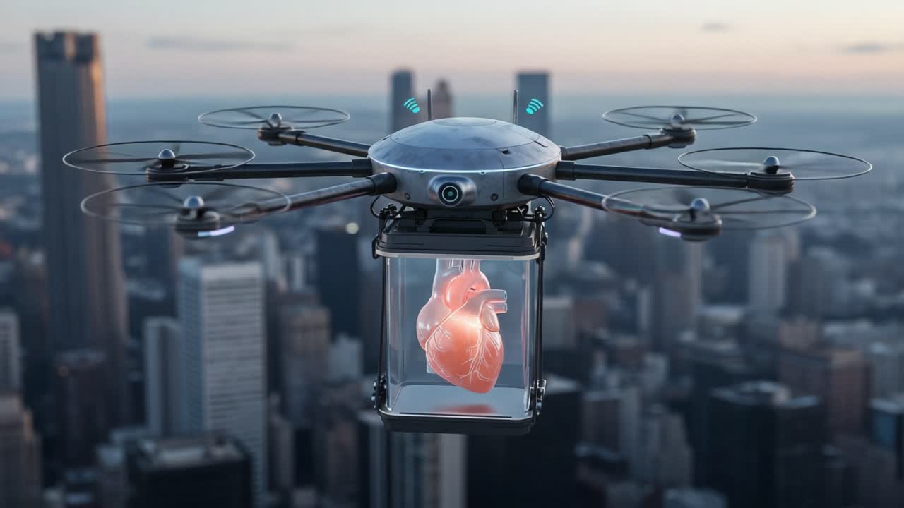 Innovative Drone Technology Transports Human Heart Over a City Skyline, Representing Future Medical Delivery Solutions with Unprecedented Precision and Care