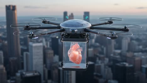 innovative drone technology transports human heart over a city skyline, representing future medical delivery solutions with unprecedented precision and care