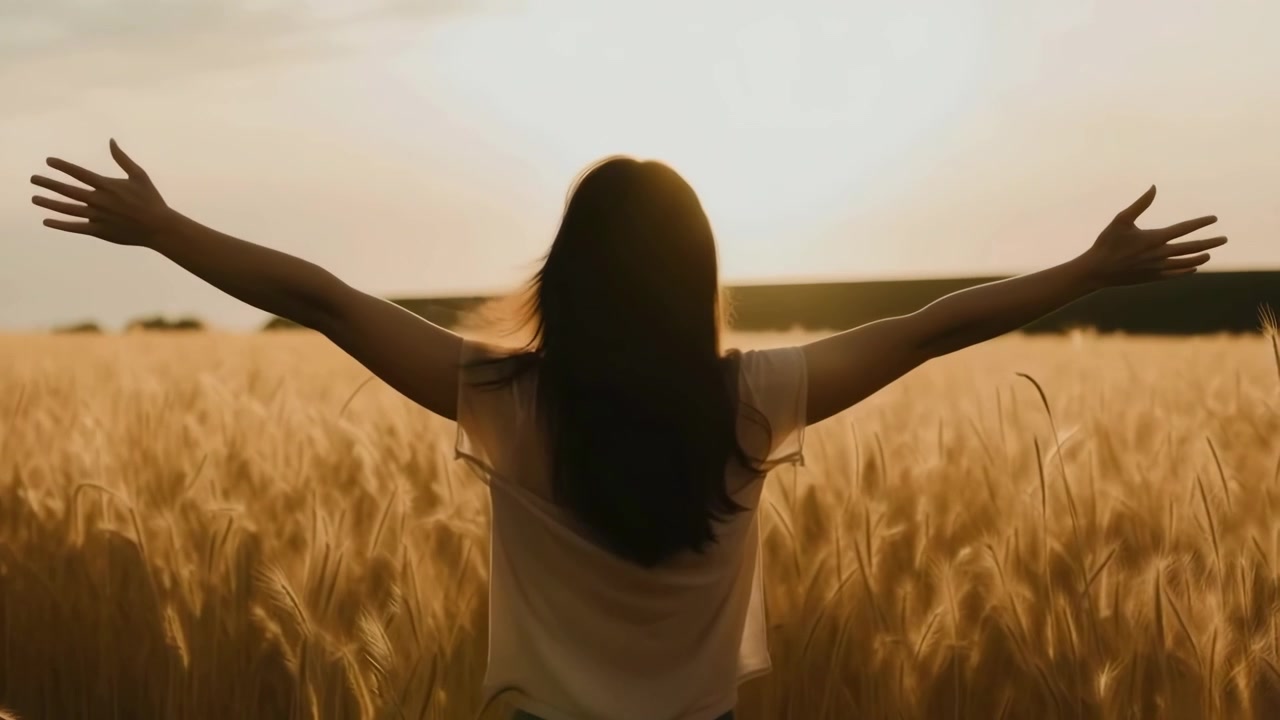 Giovane donna in piedi in un campo di grano dorato al tramonto
