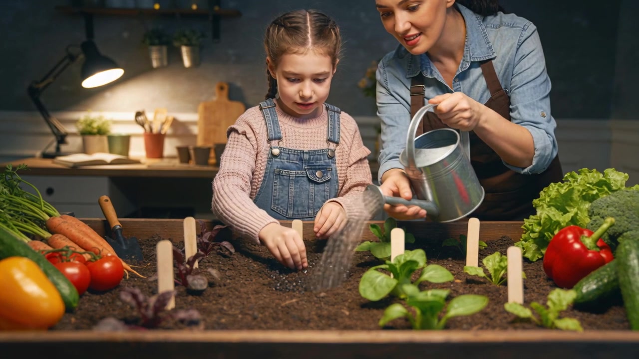 Una mujer con delantal plantando, levantando una regadera en casa, guiando a una niña con suéter que planta semillas con un marcador.
