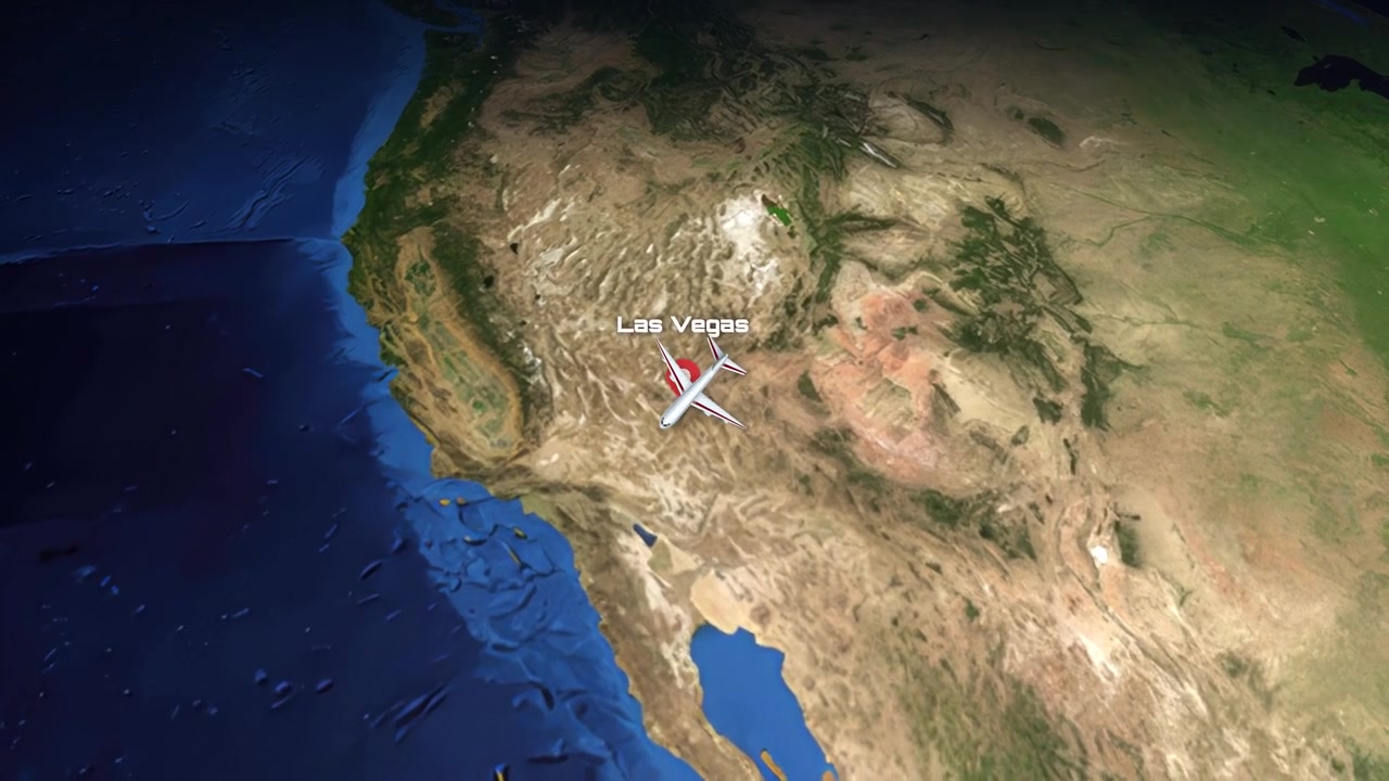 Animazione con vista satellitare segue un aereo che viaggia attraverso il globo dall'Italia al Nevada.