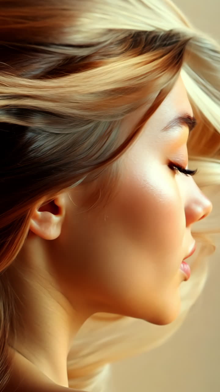 A woman with long blonde hair is shown in a close up. The hair is styled in a way that it is flowing and is very long. The woman's face is also shown, and she has a relaxed expression