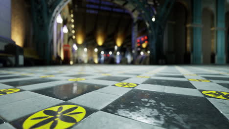 unique patterned flooring in vibrant urban space during evening hours