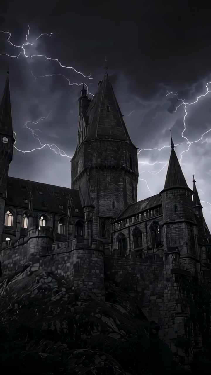 Video verticale: fulmine che illumina torri di castelli su una scogliera sotto le nuvole, con finestre illuminate