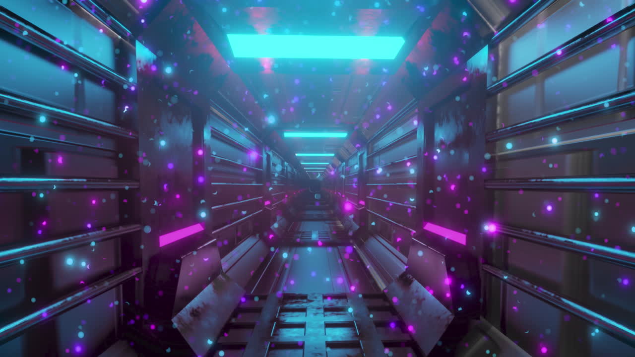 animación de puntos brillantes de luz y rastros de luz azul brillante púrpura sobre fondo negro