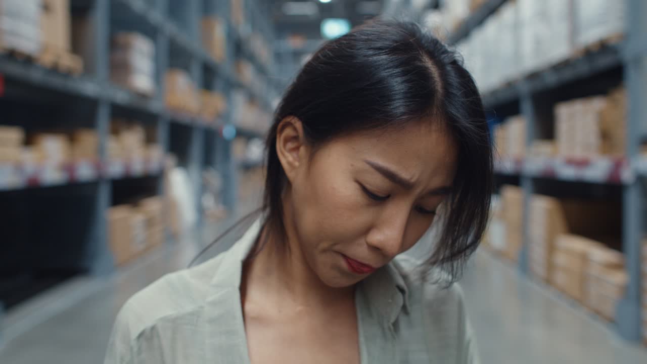 불행한 젊은 아시아 여성 사업가 매니저는 혼란스러워 보이고, 머리를 고, 의심을 표현하며 소매 쇼핑 센터에 서 있습니다.