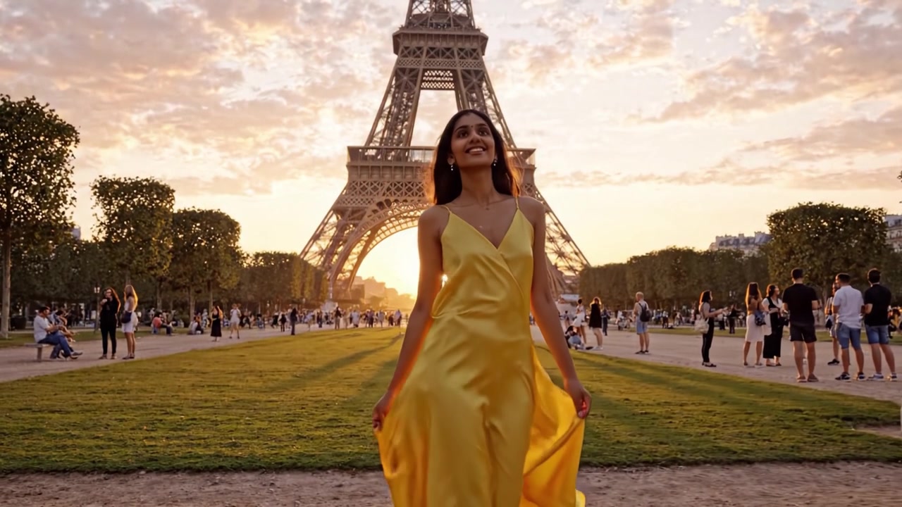 Una donna gioiosa con un abito giallo svolazzante passeggia con grazia davanti all'iconica Torre Eiffel al tramonto, catturando l'essenza del fascino e dell'eleganza parigina.