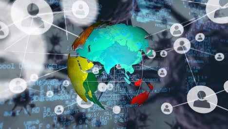 Red-De-Iconos-De-Perfil,-Procesamiento-De-Datos-Y-Globo-Contra-Células-Covid-19-Sobre-Fondo-Gris