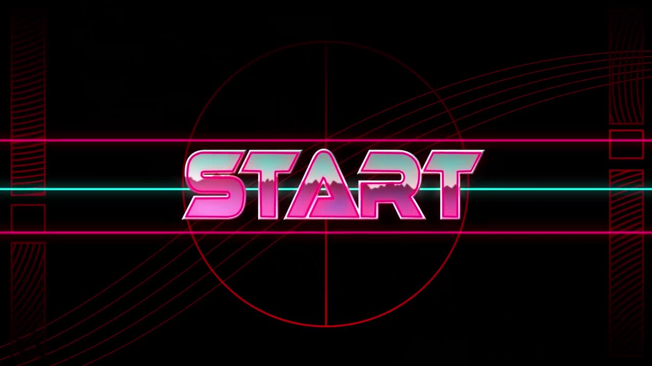 Animation of start text over light trails on black background