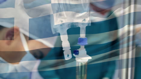 animación de la bandera de grecia ondeando sobre los cirujanos en el quirófano