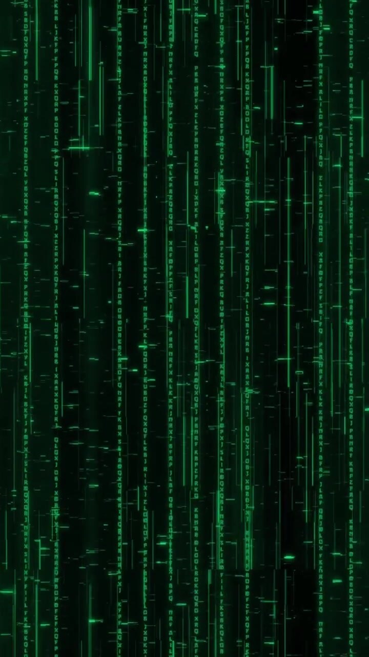 Classic green matrix digital rain and cascading computer code streaming on black background, vertical video asset