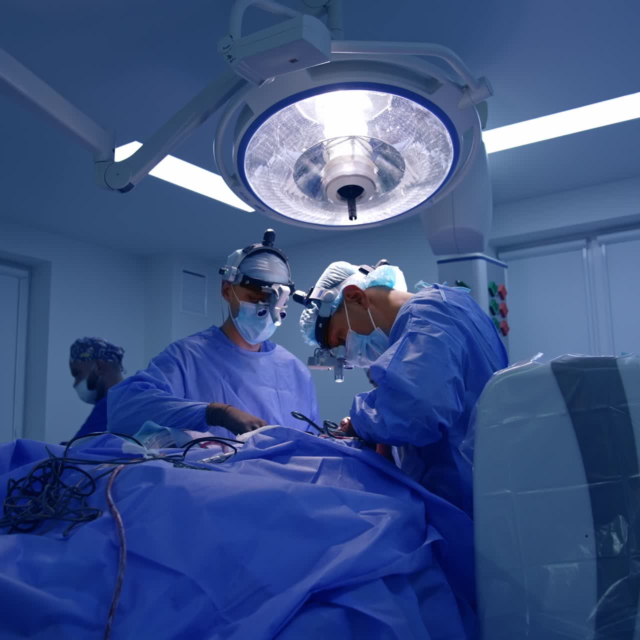 Professional neurosurgeons working at surgery. Doctors in device glasses using diverse tools at operation