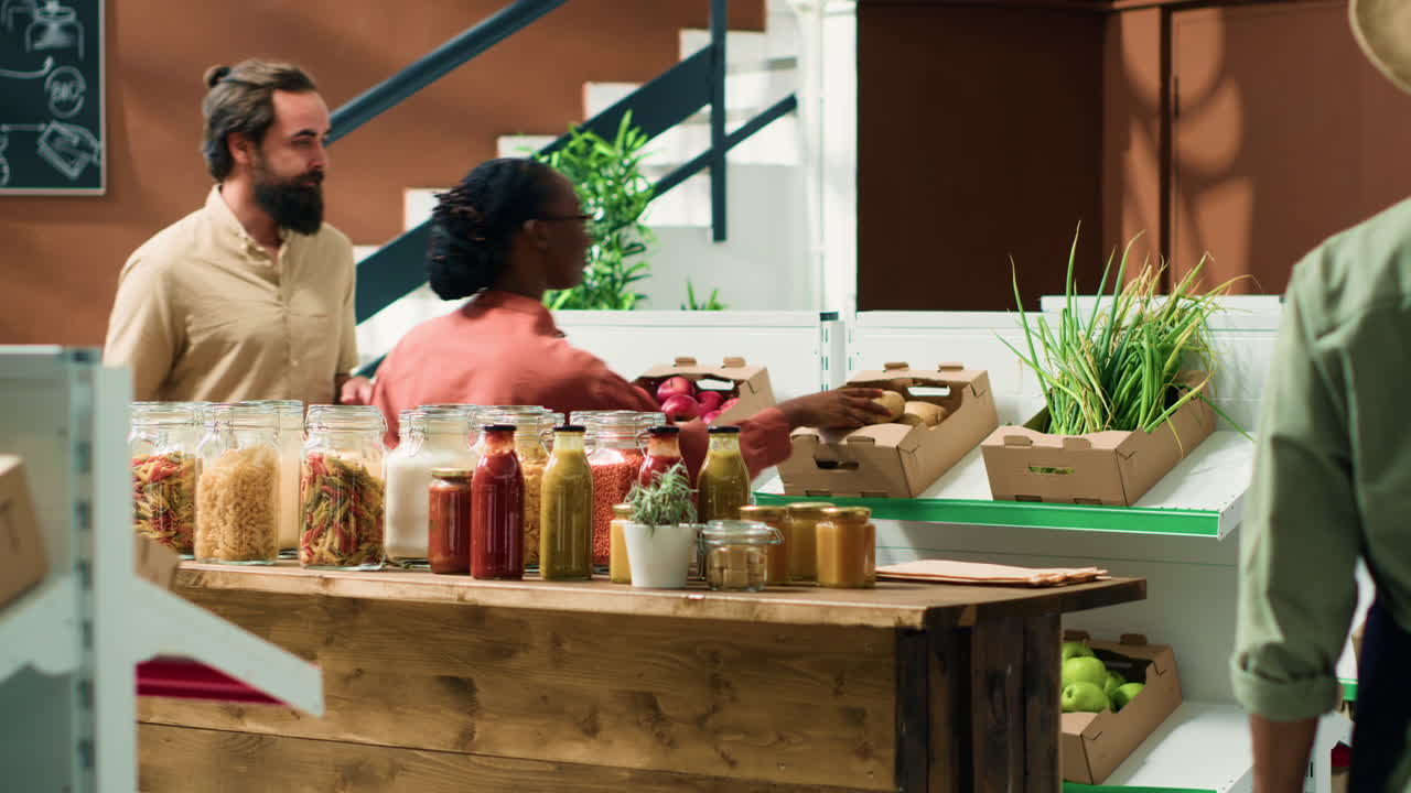 una pareja preguntando al vendedor por los productos frescos.