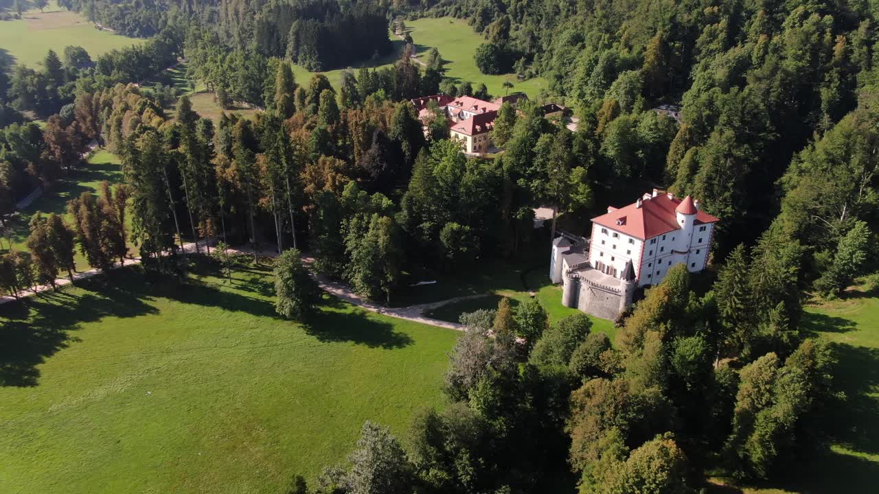 A drone shot over a Castle Snežnik in Slovenia