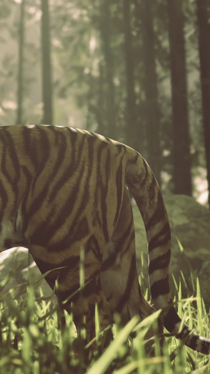 Tiger walks through green grass in forest setting during daylight hours