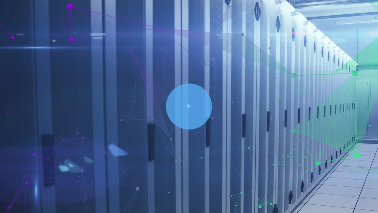 Animation of network of connections with icons and data processing over server room