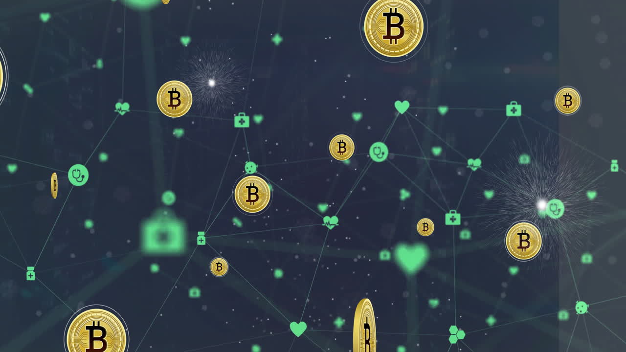 비트코인 아이콘의 애니메이션과 연결된 디지털 데이터 처리