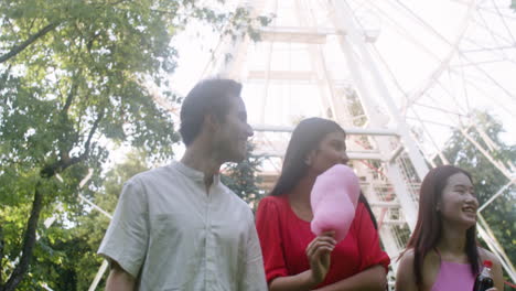 Four-people-talking-and-walking-in-a-park