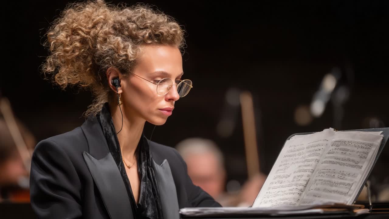 A talented musician deeply focused on her sheet music during a captivating orchestral performance, showcasing dedication and passion for the art of music
