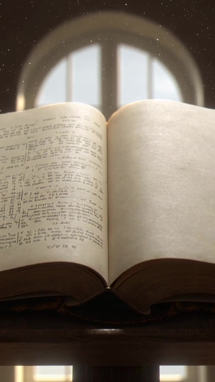 Vertical video: Filtering sunlight via arched window revealing aged book on lectern with left notes
