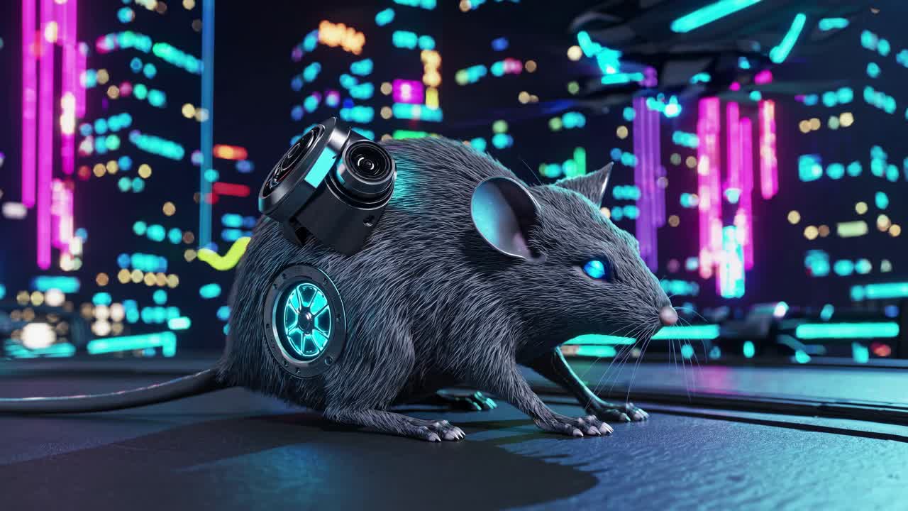 Topo Cyberpunk in una Città Futuristica