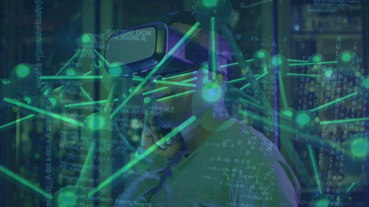 Tech researcher adjusting VR headset selecting nodes and exploring holographic network shifting