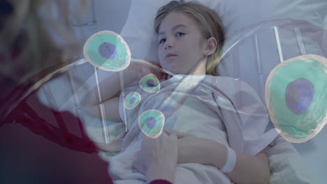 animación de cadena de adn y procesamiento de datos sobre una doctora caucásica con una paciente