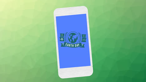 Animation-of-earth-day-text-and-globe-logo-over-smartphone-screen-on-green