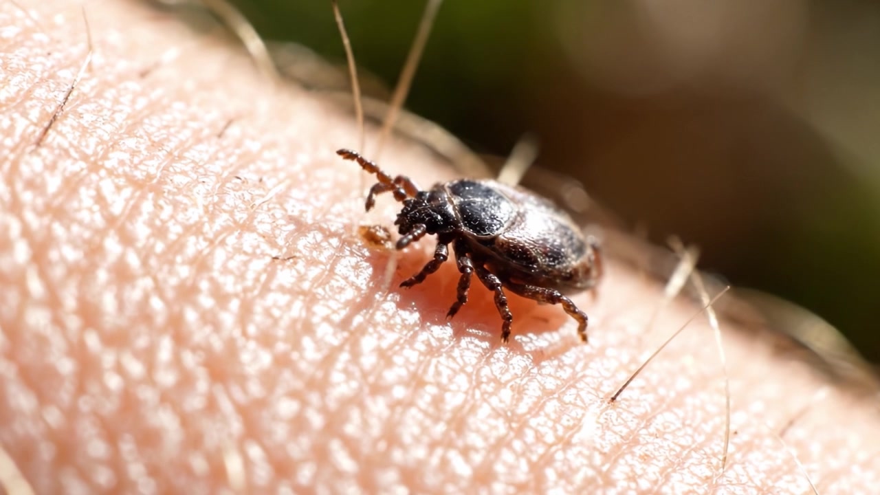 Primer Plano de una Garrapata Alimentándose en la Piel Humana: Una Mirada Detallada a un Arácnido Parasitario Común en su Comportamiento Alimenticio en un Entorno Natural