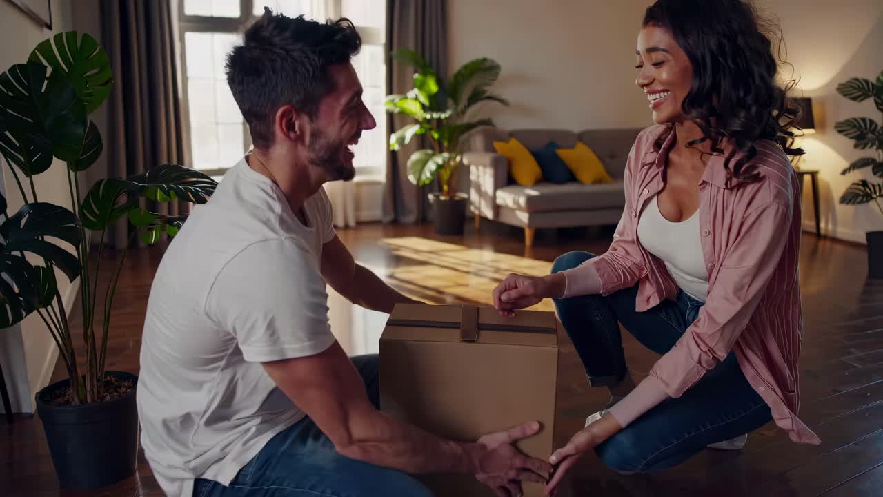 A couple joyfully unpacks a box in a sunlit living room. The video captures a low-angle view