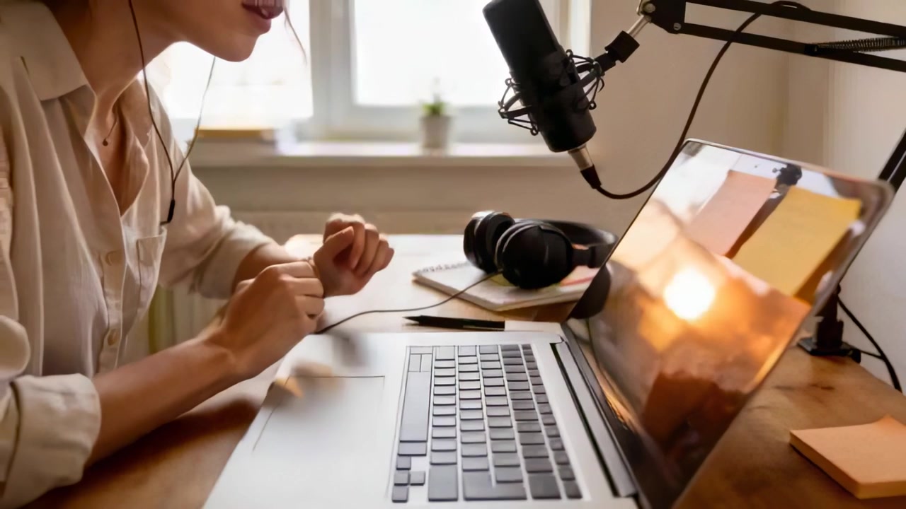 Creador con camisa clara de botones ajustando auriculares en su escritorio junto a la ventana, preparando el micrófono del portátil