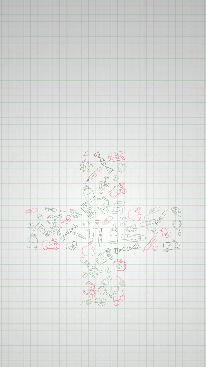 Animated looping screensaver. Cross symbol made of healthcare and medicine line icons set on gray background with a grid. Simple outline elements collection. Vertical video.