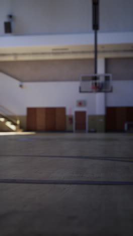 cancha de baloncesto vacía con aro y piso de madera