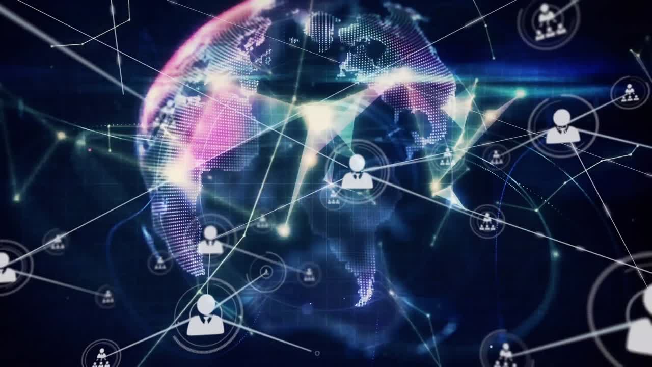 анимация сети иконок профиля и глобуса сетей сплетен, вращающихся на черном фоне