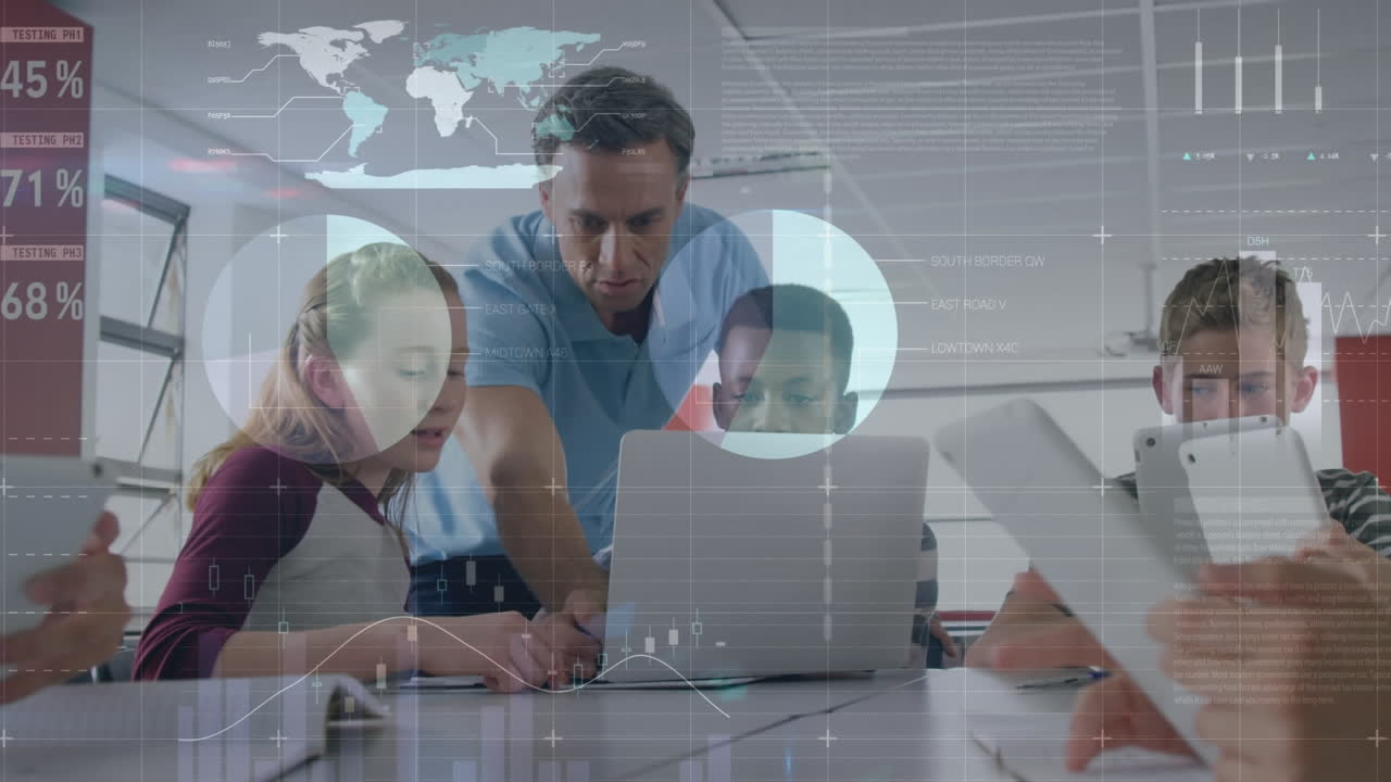 animación del procesamiento de datos en diversos estudiantes que usan computadoras portátiles