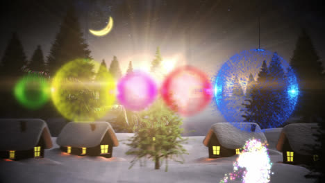 animation of christmas baubles over houses in winter scenery