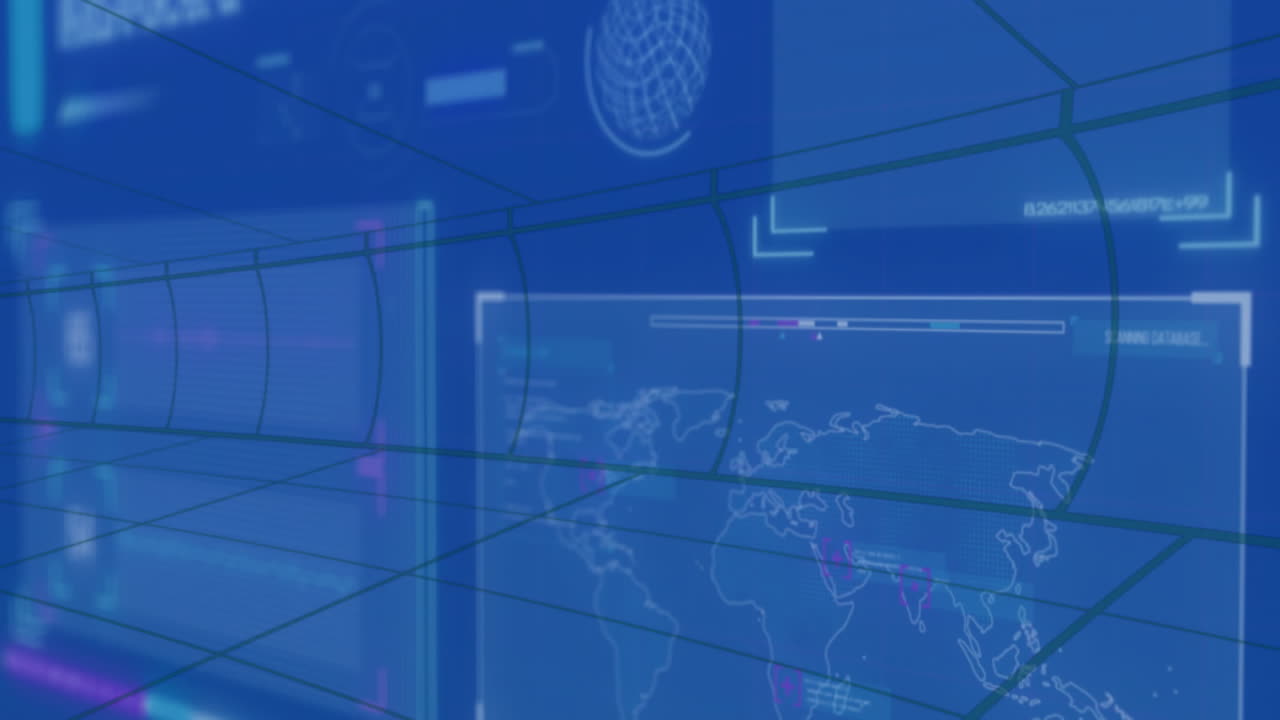Digital world map and data processing animation over blue futuristic interface