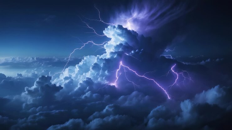 Temporale drammatico con fulmini sopra le nuvole