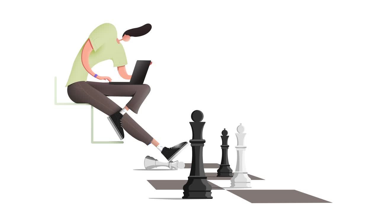 4 가지 다른 색상 변형으로 체스를하는 스타일리시한 헤어스타일을 가진 남자의 애니메이션.