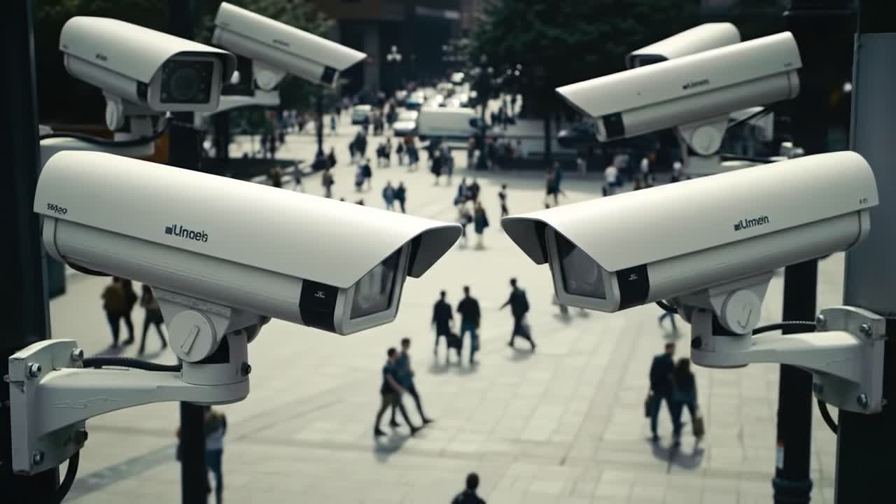 Surveillance Cameras Overlooking a Busy Urban Street, Capturing the Hustle and Bustle of City Life and the Movement of Pedestrians in a Vibrant Environment
