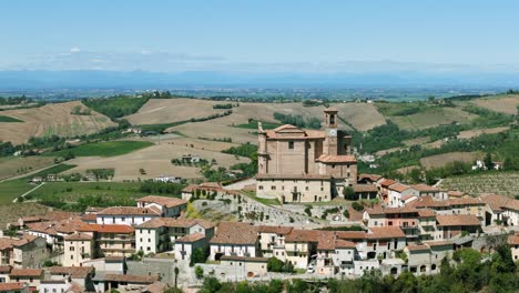 aerial drone view of treville hilltop town and saint ambrogio church in alessandria province of piedmont region in italy