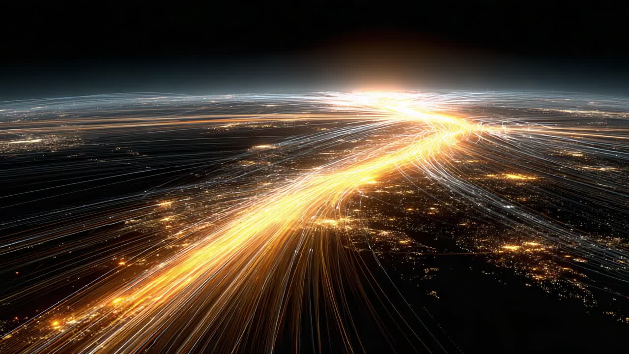 A Dynamic Aerial View Capturing the Radiant Energy Flowing Across the Landscape with Bright Avian Trails of Light Illuminating the Night Sky